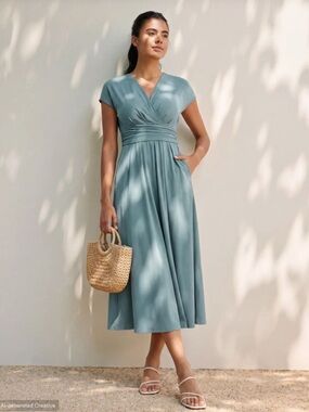 NWT HALARA Breezeful V-Neck Midi Preppy Dress,Stone Blue,TIE Back, Quick Dry XL